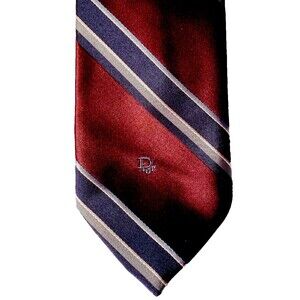 Christian Dior Logo Tie Vintage Stripe Red Wine Burgundy Blue Italy Y2K